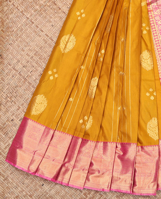 Yellow Budget Silk Saree, Sparsely Woven with Zari Buttas, Contrast Traditional Zari Border, Grand Pallu, and a Contrast Blouse