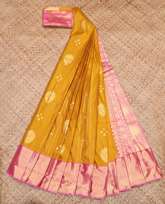 Yellow Budget Silk Saree, Sparsely Woven with Zari Buttas, Contrast Traditional Zari Border, Grand Pallu, and a Contrast Blouse