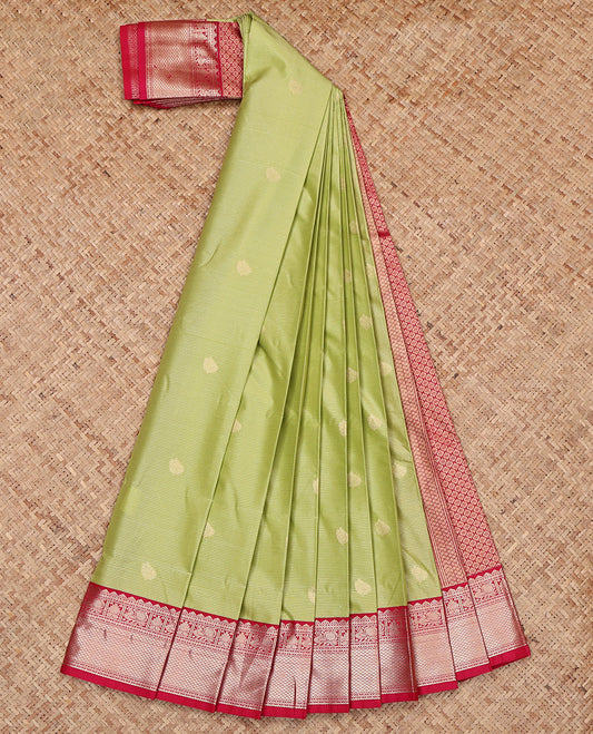 Green Budget Silk Saree, Sparsely Threaded with Zari Buttas and Checks, Complemented by a Contrast Traditional Zari Border, Grand Pallu, and a Contrast Blouse