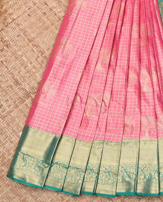 Pink Budget Silk Saree, Adorned with Zari Buttas and Checks, Complemented by Contrast Traditional Zari Border, Intricate Pallu, and Contrast Blouse