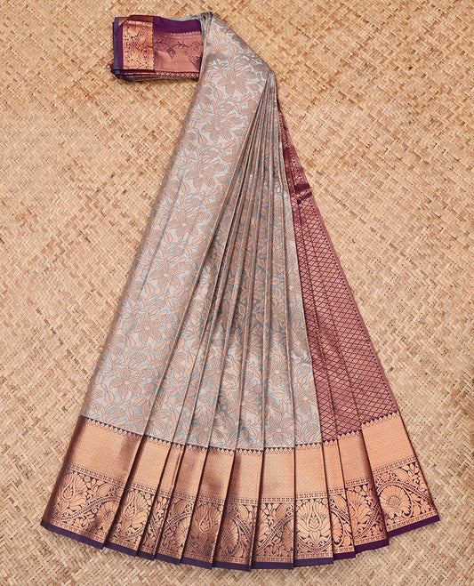 Grey Budget Silk Saree, Beautifully Bedecked with Jacquard Design, Complemented by a Contrast Traditional Zari Border, Jaal Pallu, and Contrast Blouse
