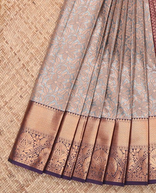 Grey Budget Silk Saree, Beautifully Bedecked with Jacquard Design, Complemented by a Contrast Traditional Zari Border, Jaal Pallu, and Contrast Blouse