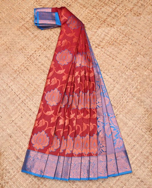 Red Budget Silk Saree, Mesmerized with Floral Jacquard Design, Complemented by a Contrast Floral Zari Border, Paisley Pallu, and a Contrast Blouse
