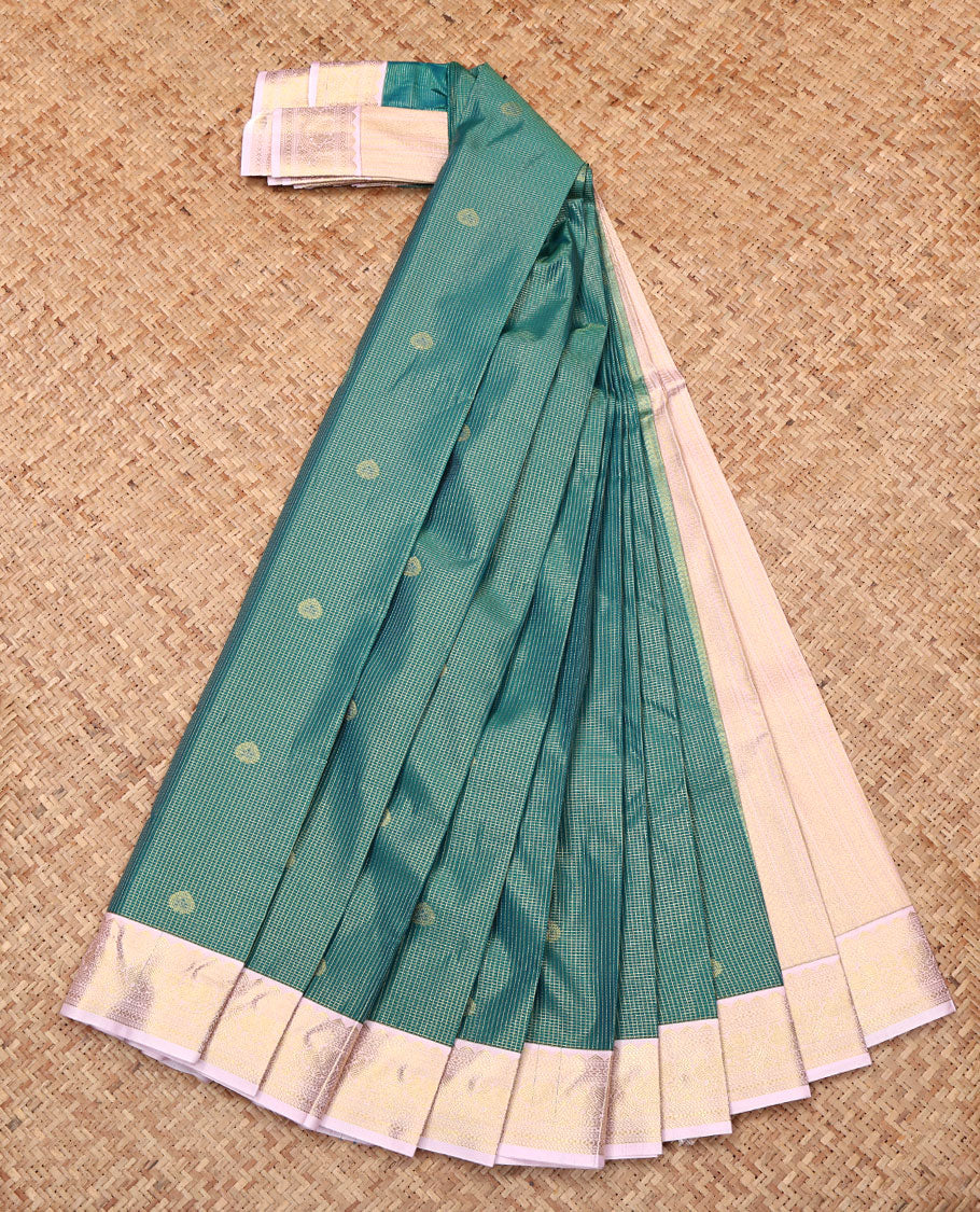 Green Budget Silk Saree, Enriched with Zari Buttas and Checks, Complemented by Contrast Traditional Zari Border, Geometric Pallu, and a Contrast Blouse