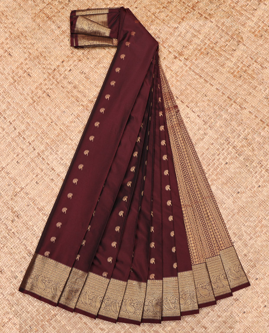 Brown Budget Silk Saree, Accentuated with Zari Buttas, Highlighted by a Traditional Zari Border, Geometric Pallu, and a Matching Blouse