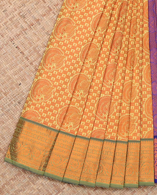 Yellow Budget Silk Saree, Spotlighted with Jacquard Design, Complemented by Contrast Traditional Zari Border, a Grand Pallu and a Contrast Blouse
