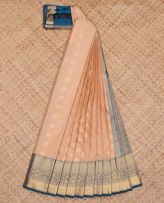 Sandal Budget Silk Saree, Sparsely Threaded with Zari Buttas, Complemented by a Contrast Traditional Zari Border, Grand Pallu, and a Contrast Blouse