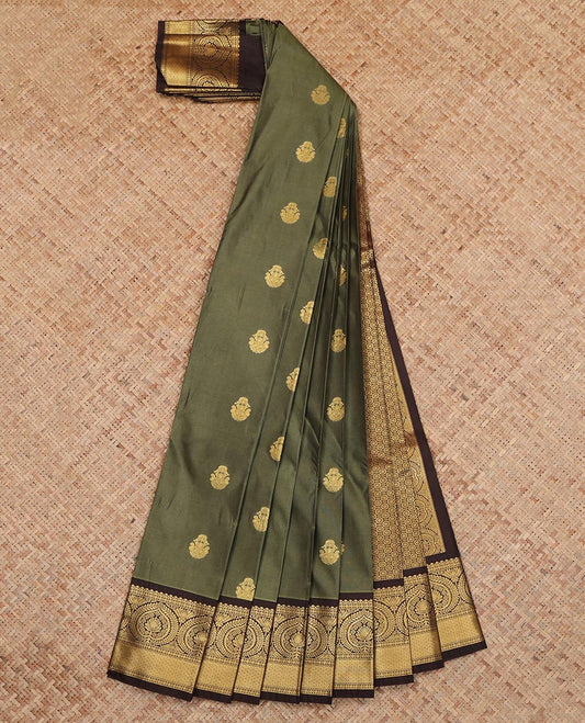 Green Budget Silk Saree, Detailed with Zari Buttas, a Contrast Traditional Zari Border, a Grand Pallu and a Contrast Blouse