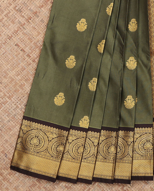 Green Budget Silk Saree, Detailed with Zari Buttas, a Contrast Traditional Zari Border, a Grand Pallu and a Contrast Blouse