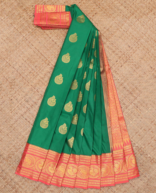 Green Budget Silk Saree, Bedecked with Zari Buttas, Complemented by Contrast Traditional Zari Border, a Jaal Pallu and a Contrast Blouse