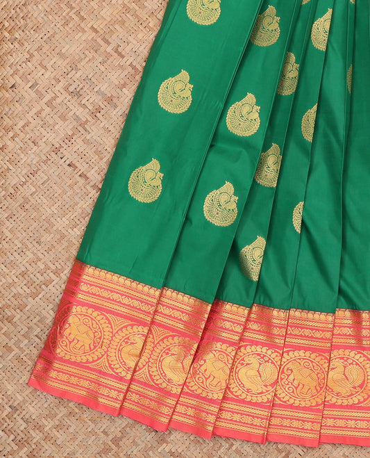 Green Budget Silk Saree, Bedecked with Zari Buttas, Complemented by Contrast Traditional Zari Border, a Jaal Pallu and a Contrast Blouse