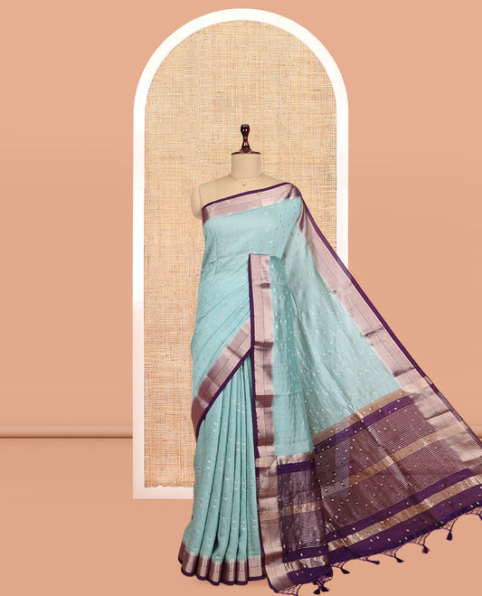 Blue Assam Silk Saree, Bedecked with Zari Buttas, Complemented by Contrast Traditional Zari Border,  Zari Woven Pallu, and Contrast Blouse