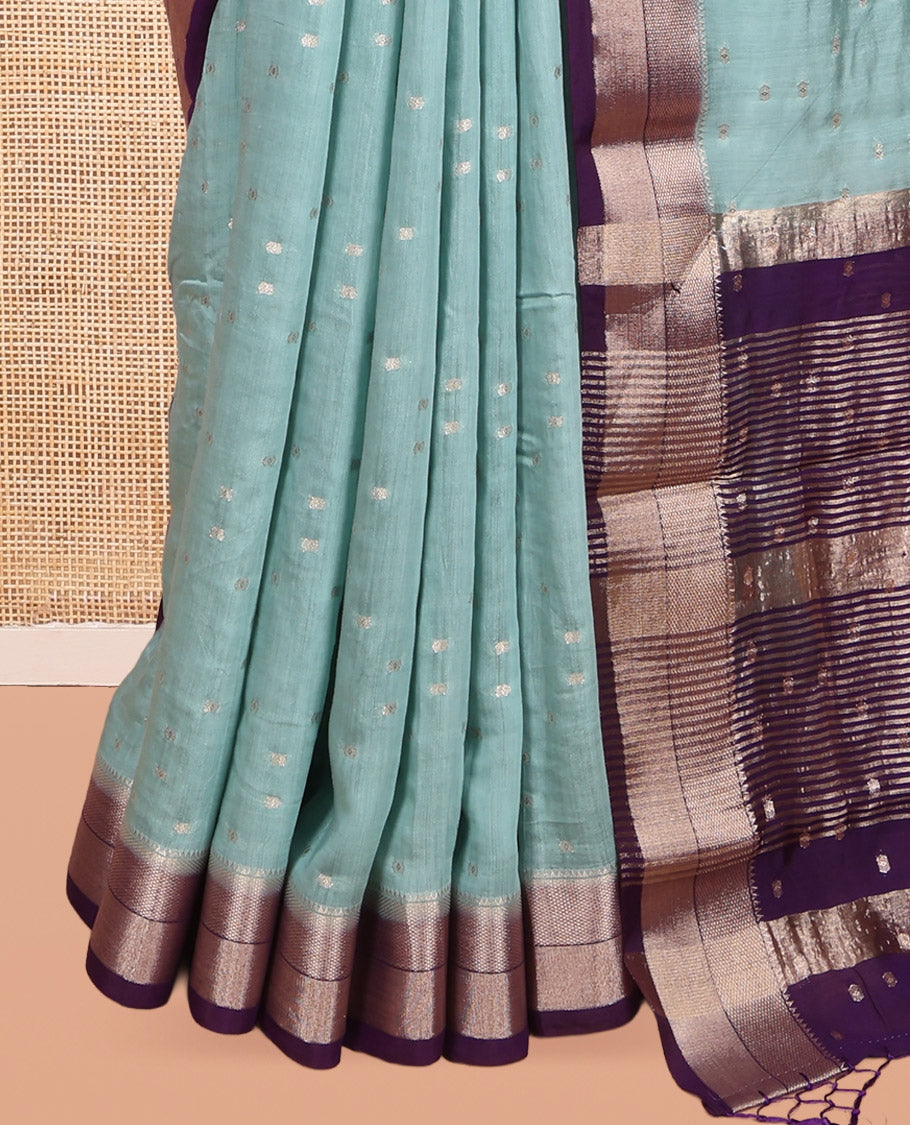 Blue Assam Silk Saree, Bedecked with Zari Buttas, Complemented by Contrast Traditional Zari Border,  Zari Woven Pallu, and Contrast Blouse
