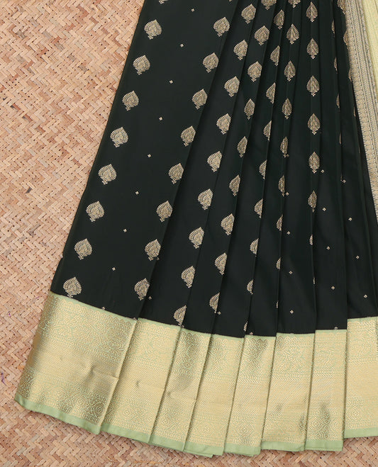 Deep Green Budget Silk Saree, Beautified with Zari Buttas, a Contrast Traditional Zari Border, Geometric Pallu, and a Contrast Blouse