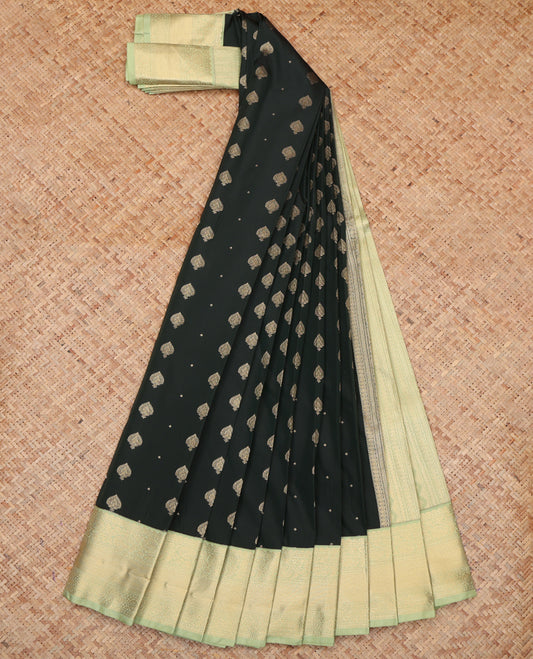 Deep Green Budget Silk Saree, Beautified with Zari Buttas, a Contrast Traditional Zari Border, Geometric Pallu, and a Contrast Blouse