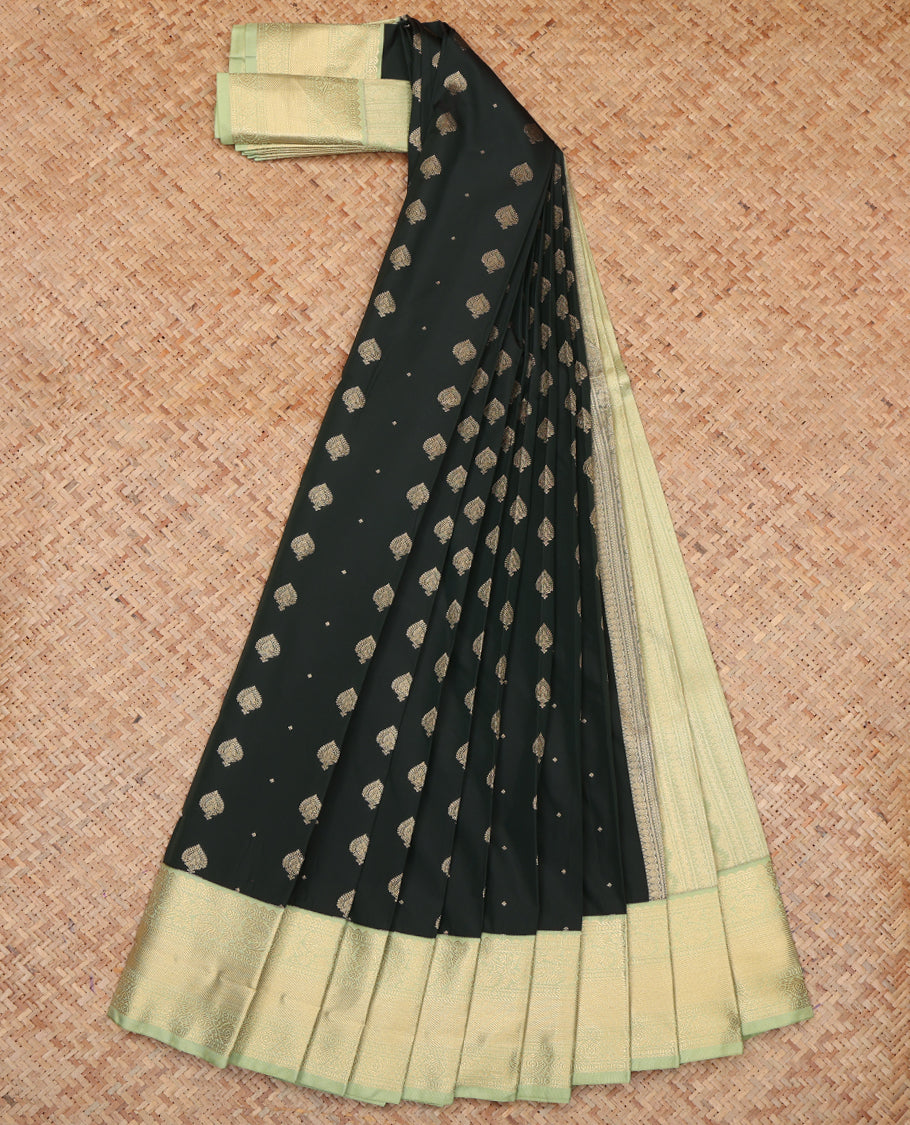 Deep Green Budget Silk Saree, Beautified with Zari Buttas, a Contrast Traditional Zari Border, Geometric Pallu, and a Contrast Blouse