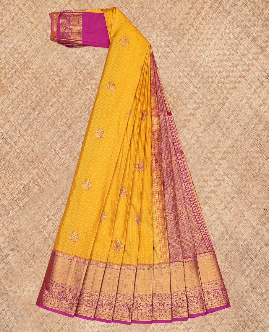 Yellow Budget Silk Saree, Graced with Zari Buttas and Stripes, a Contrast Traditional Zari Border, Grand Jaal Pallu, and a Contrast Blouse