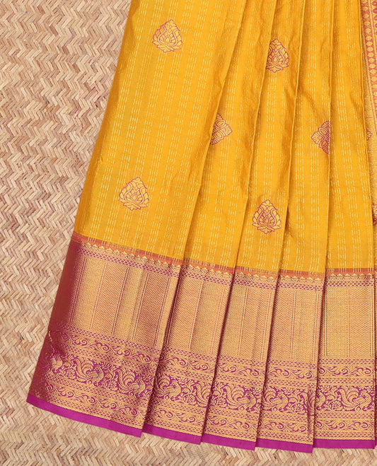 Yellow Budget Silk Saree, Graced with Zari Buttas and Stripes, a Contrast Traditional Zari Border, Grand Jaal Pallu, and a Contrast Blouse