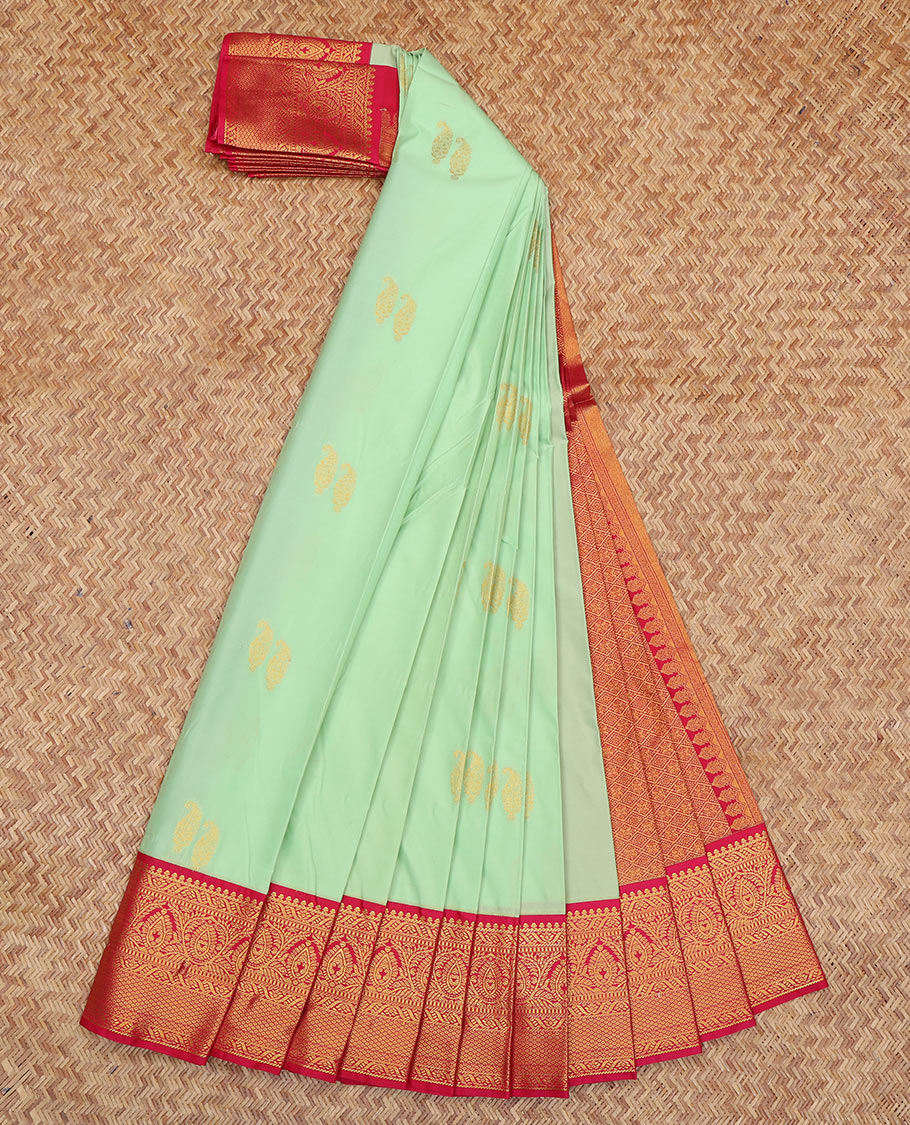 Green Budget Silk Saree, Subtly Sparkled with Zari Buttas, a Contrast Traditional Zari Border, Grand Pallu, and a Contrast Blouse