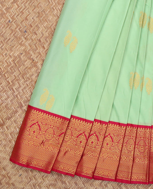 Green Budget Silk Saree, Subtly Sparkled with Zari Buttas, a Contrast Traditional Zari Border, Grand Pallu, and a Contrast Blouse