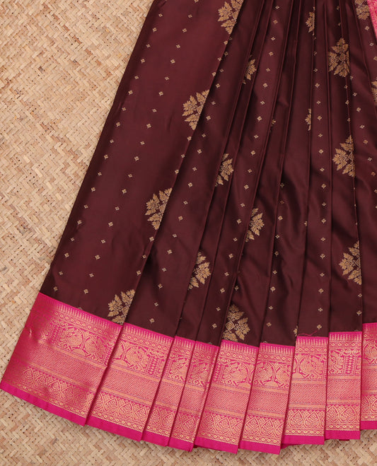 Maroon Budget Silk Saree, Beautifully Bedecked with Zari Buttas, a Contrast Traditional Zari Border, Grand Pallu, and a Contrast Blouse