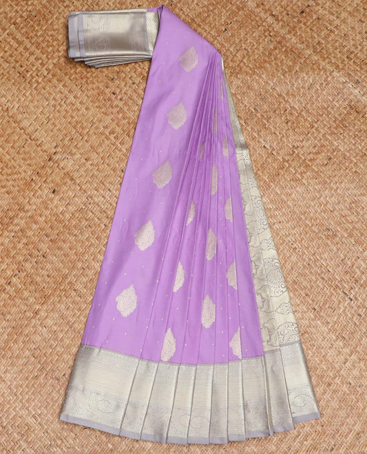 Lavender zari buttas gift saree, contrast traditional zari border, and intricate pallu