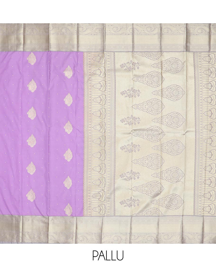 Lavender zari buttas gift saree, contrast traditional zari border, and intricate pallu
