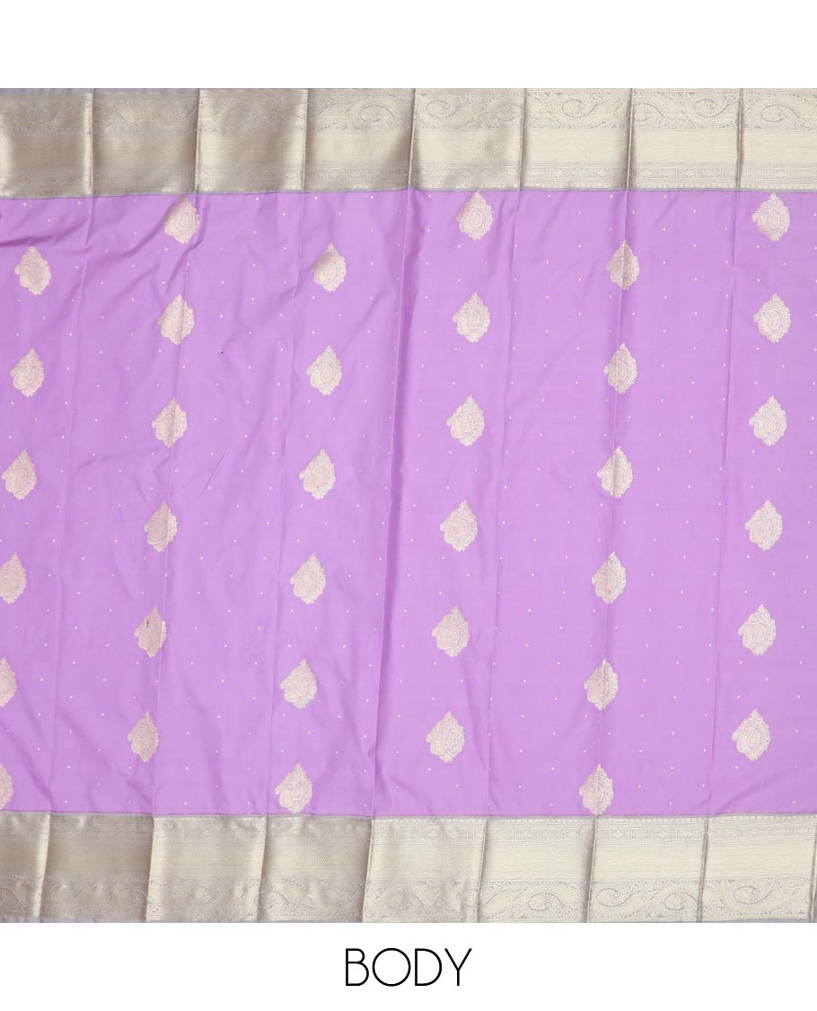 Lavender zari buttas gift saree, contrast traditional zari border, and intricate pallu