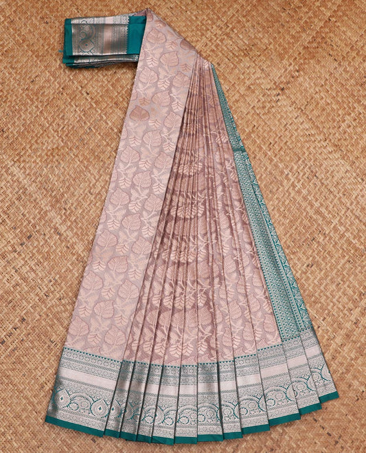 Pastel brown leaf jacquard gift saree, contrast border, and pallu steeped with traditional zari designs