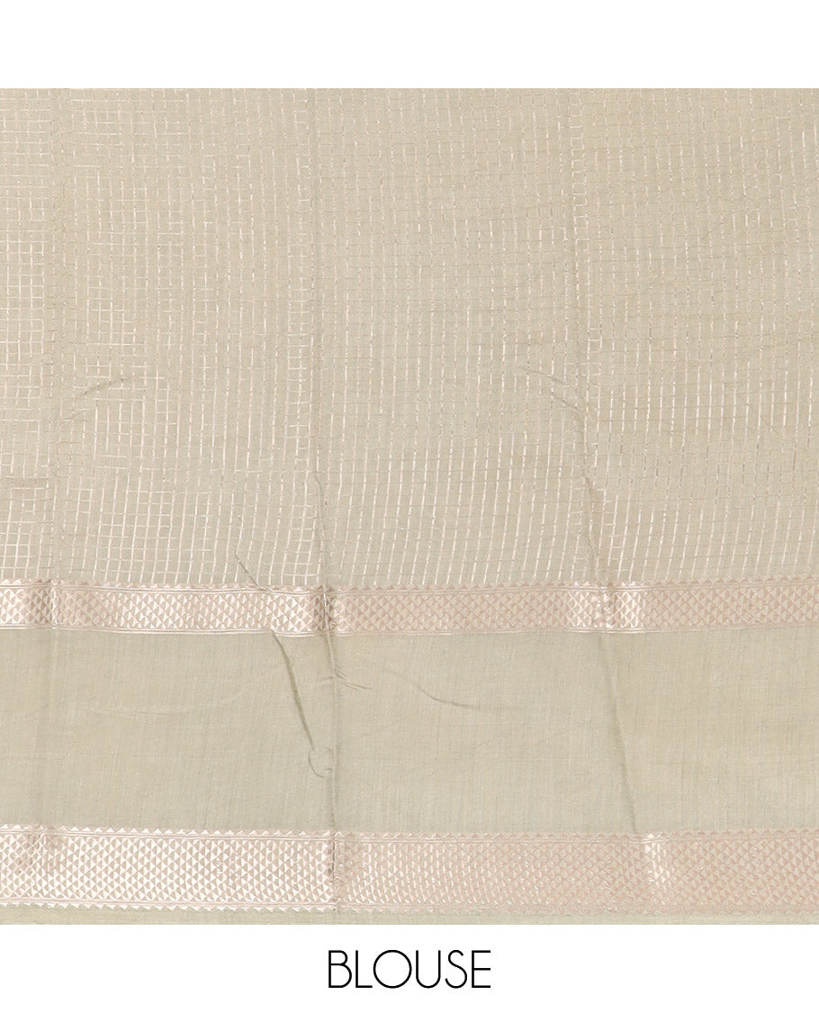 Red Assam Silk Saree Prettified with Zari Checks, Complemented by Contrast Zari Border of Triangle Motifs, a Gleaming Pallu of Zari Stripes, and Paired with a Contrast Blouse