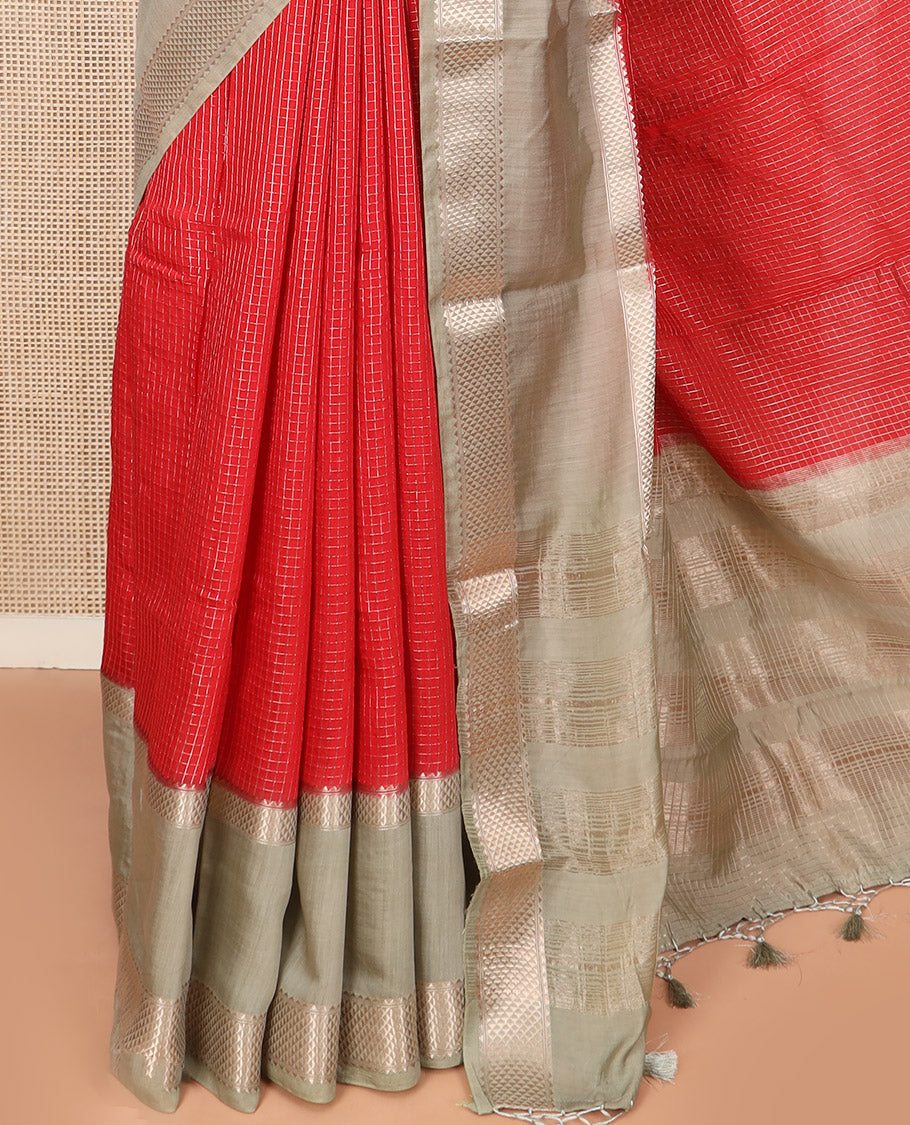 Red Assam Silk Saree Prettified with Zari Checks, Complemented by Contrast Zari Border of Triangle Motifs, a Gleaming Pallu of Zari Stripes, and Paired with a Contrast Blouse