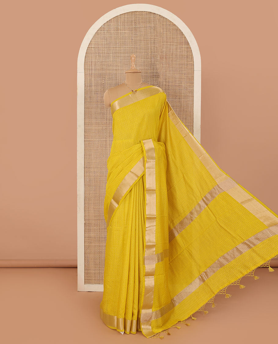 Yellow checked Assam silk saree, bavanji border, and pallu of stripes