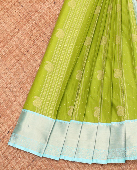 Parrot Green Budget Silk Saree, Gleamed Up with Zari Buttas, Complemented by a Contrast Traditional Zari Border, Sparsely Woven Pallu, and Contrast Blouse