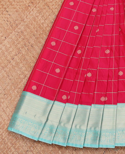 Pink Budget Silk Saree, Adorned with Zari Butta Enclosed Checks, Complemented by Contrast Traditional Zari Border, Grand Pallu, and Contrast Blouse