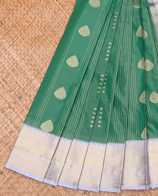 Green Budget Silk Saree, Enriched with Zari Buttas and a Checked Design on Its Body, Complemented by Contrast Traditional Zari Design Border, Grand Jaal Pallu, and Paired with a Contrast Blouse