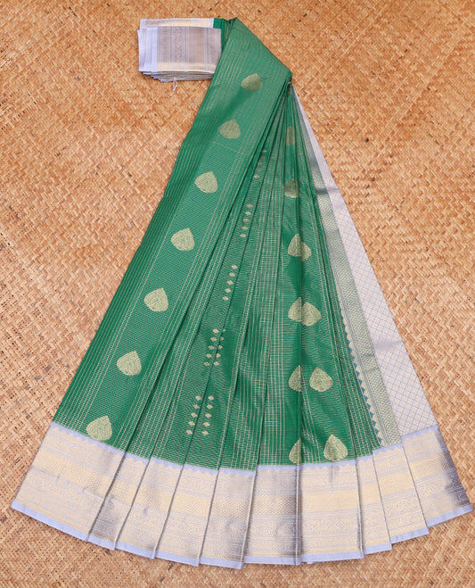 Green Budget Silk Saree, Enriched with Zari Buttas and a Checked Design on Its Body, Complemented by Contrast Traditional Zari Design Border, Grand Jaal Pallu, and Paired with a Contrast Blouse