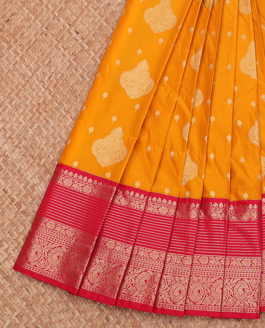 Orange Budget Silk Saree, Prettified with Zari Buttas, Complemented by a Contrast Traditional Zari Rettai Pettu Border, Jaal Pallu, and Contrast Blouse