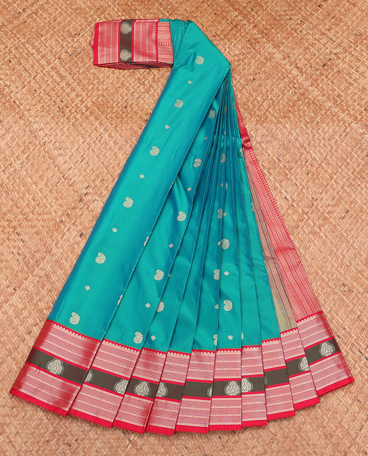 Blue Budget Silk Saree, Elegantly Framed with Zari Buttas, Complemented by a Contrast Traditional Zari Border, Grand Pallu, and a Contrast Blouse