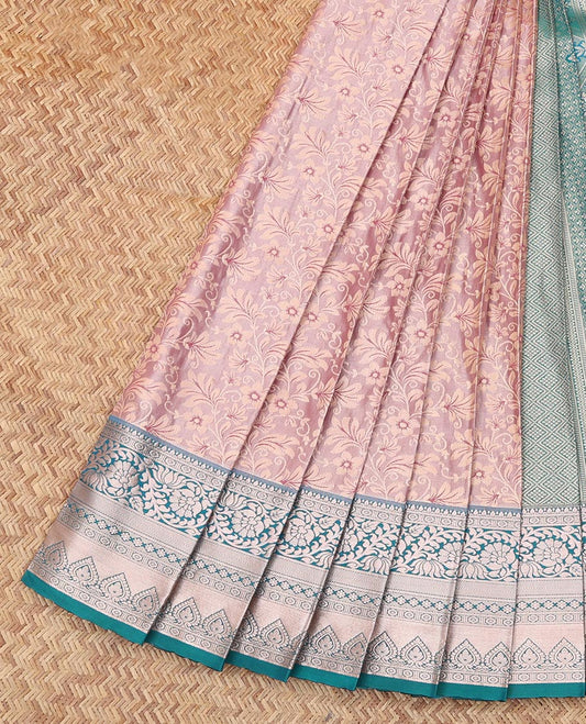 Pale Pink Budget Silk Saree, Bedecked with Jacquard Design, Complemented by Contrast Traditional Zari Border, a Grand Pallu and a Contrast Blouse
