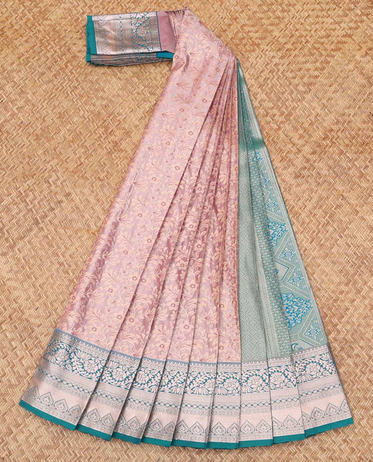 Pale Pink Budget Silk Saree, Bedecked with Jacquard Design, Complemented by Contrast Traditional Zari Border, a Grand Pallu and a Contrast Blouse