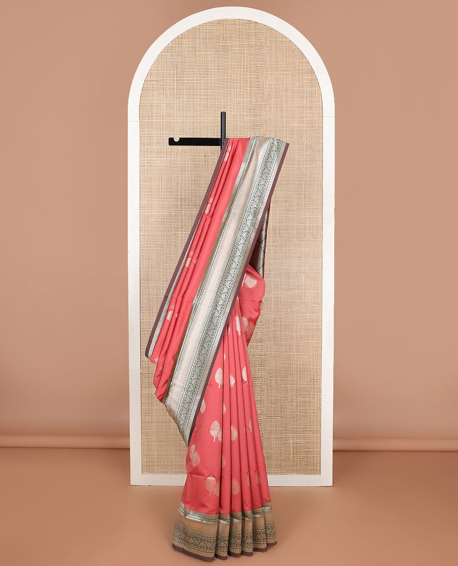 Red leaf motifs butter silk saree with contrast intricate zari design border & argyle design pallu