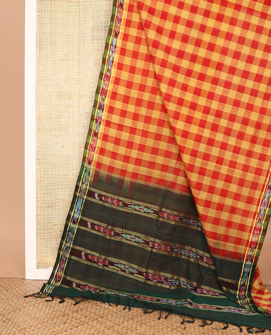 Multi-color checked Andhra cotton saree, contrast ikkat design border, and pallu of ikkat designs