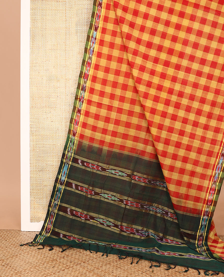 Multi-color checked Andhra cotton saree, contrast ikkat design border, and pallu of ikkat designs