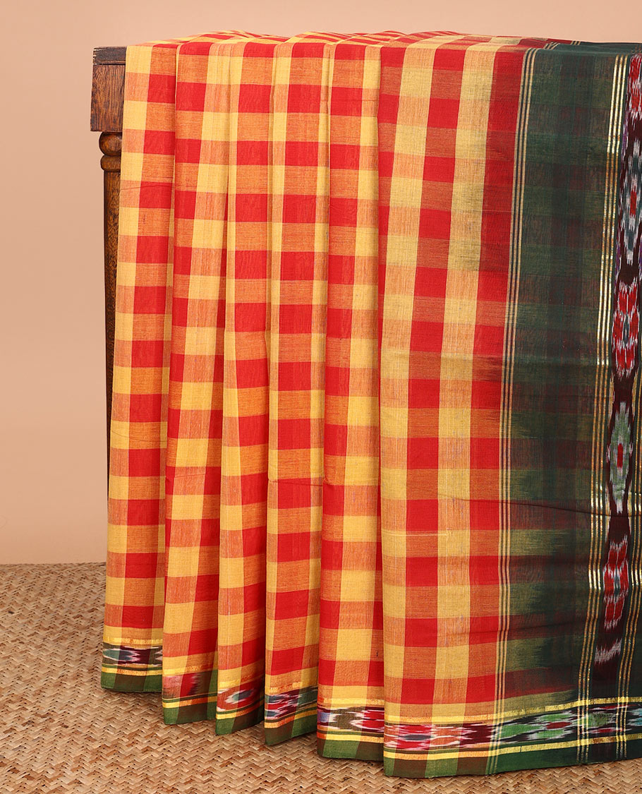 Multi-color checked Andhra cotton saree, contrast ikkat design border, and pallu of ikkat designs
