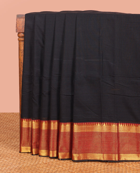 Black Plain Narayanpet Cotton Saree, Complemented by a Contrast Temple Traditional Zari Border, Subtly Striped Pallu, and Paired with a Matching Blouse