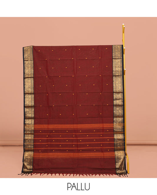Maroon Chettinad Cotton Saree, Woven with Buttas All Over Its  Body, Complemented by a Contrast Traditional Zari Design Woven Border, Pallu of Stripes, and Buttas, and Paired with a Matching Blouse