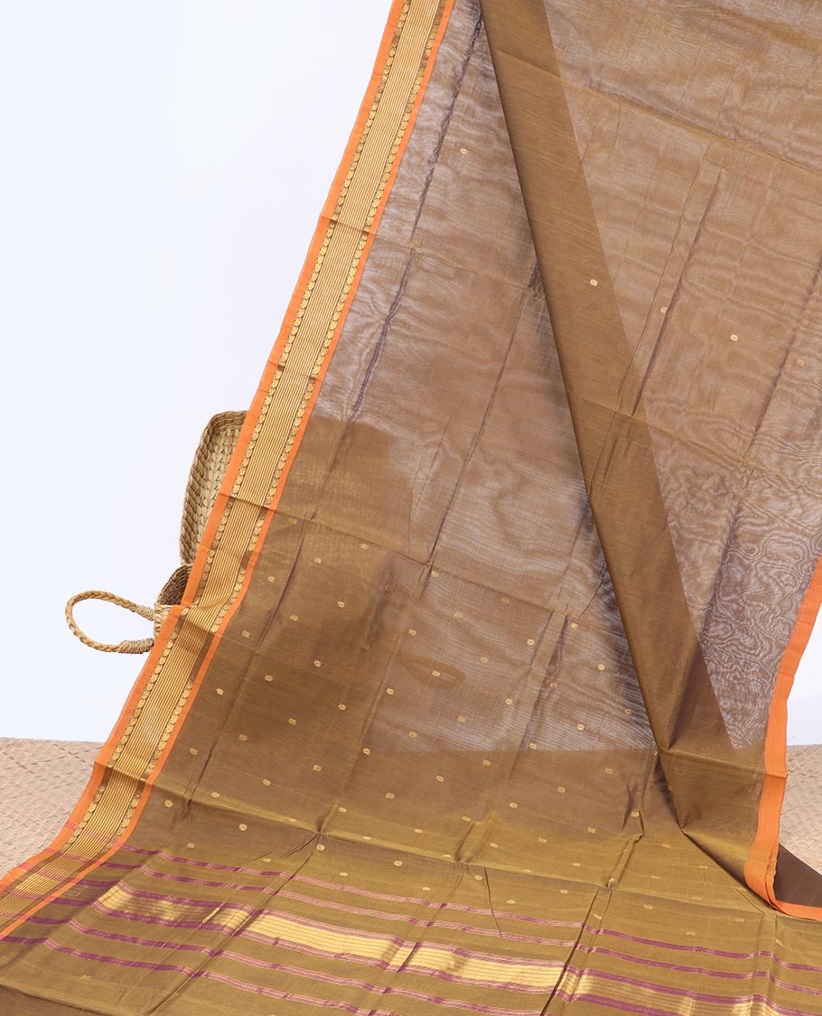 Brown buttas Vengatagiri cotton saree, contrast border & pallu of stripes