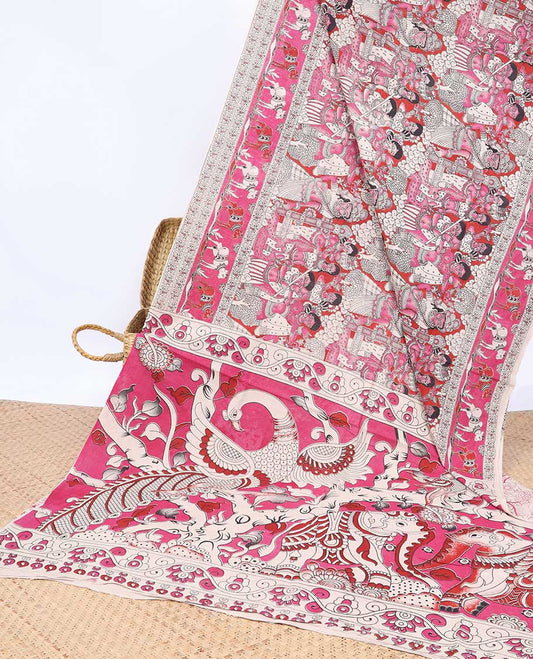 Pink Human figurines machine-printed kalamkari cotton saree, Pichwai cow border & animal motifs pallu