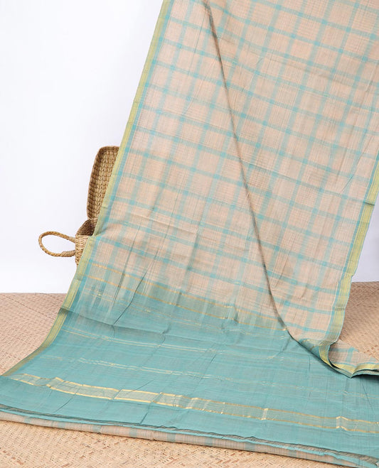 Skin checked Andhra cotton saree, contrast unique design border & striped pallu 