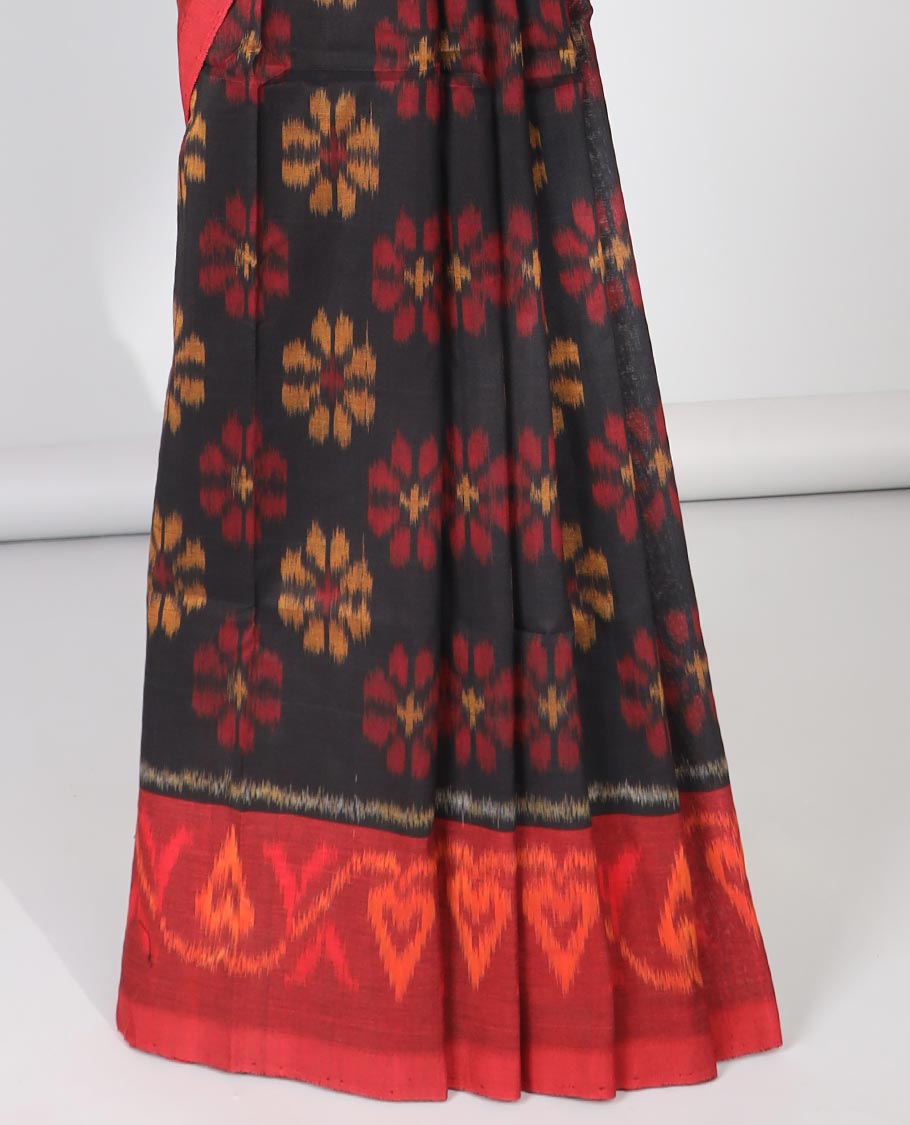 Brown ikkat cotton saree with folwer buttas , Contrast intricate border & floral vine design pallu